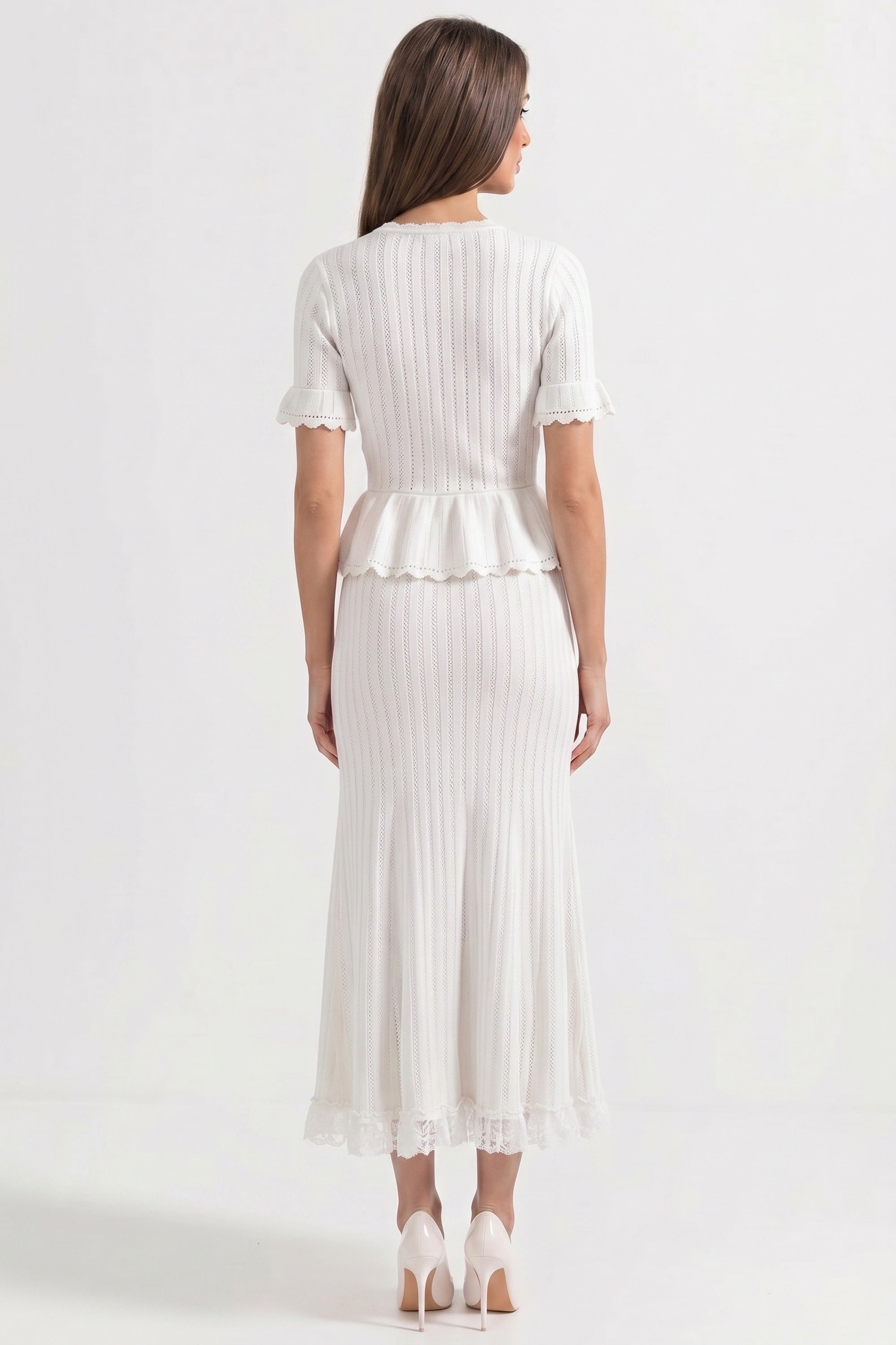 Peter-Pan Collar Knit Peplum Maxi Dress With Lace Hem - White