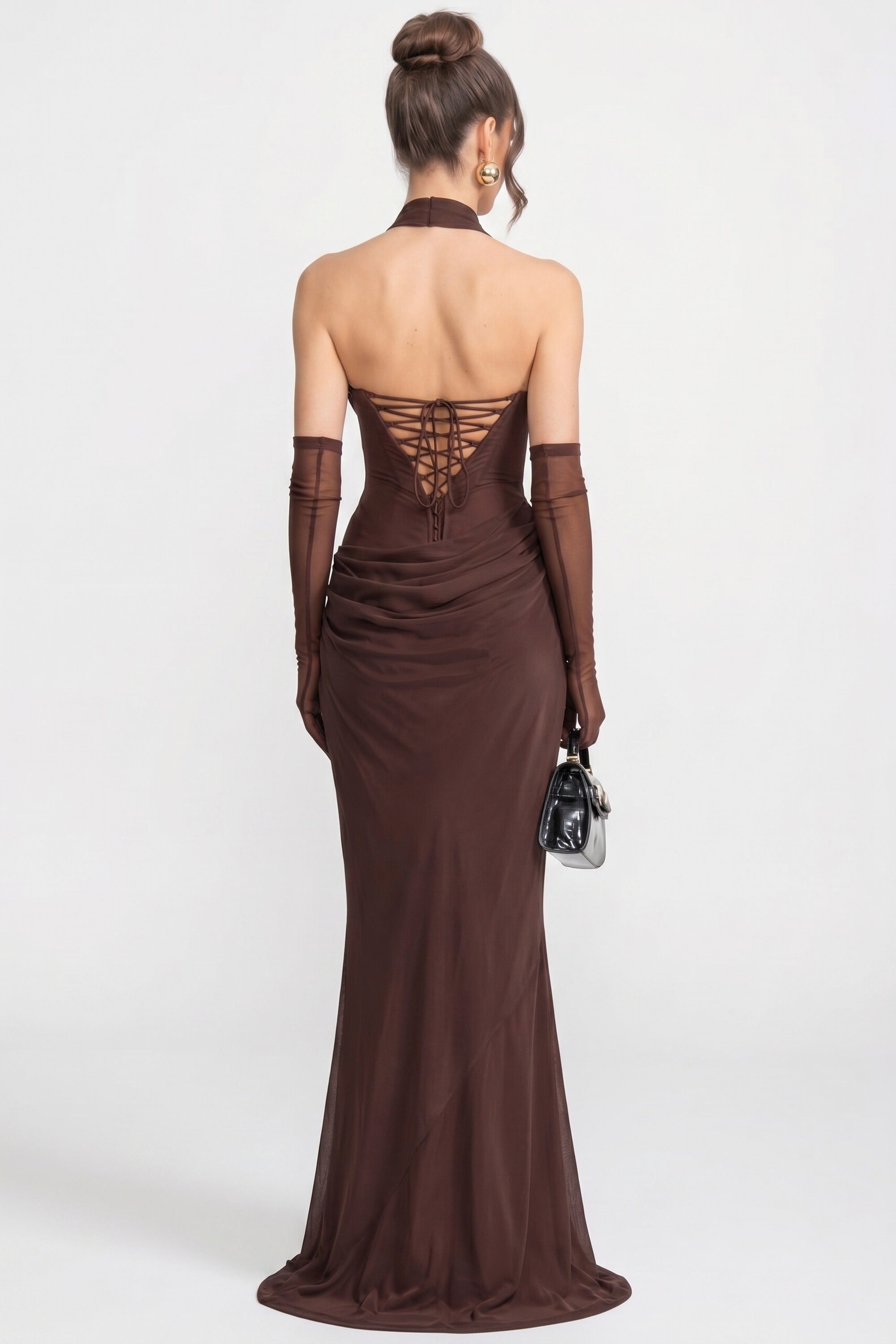 Strapless Draped Maxi Gown With Cowl Neckline And Sheer Scarf - Brown