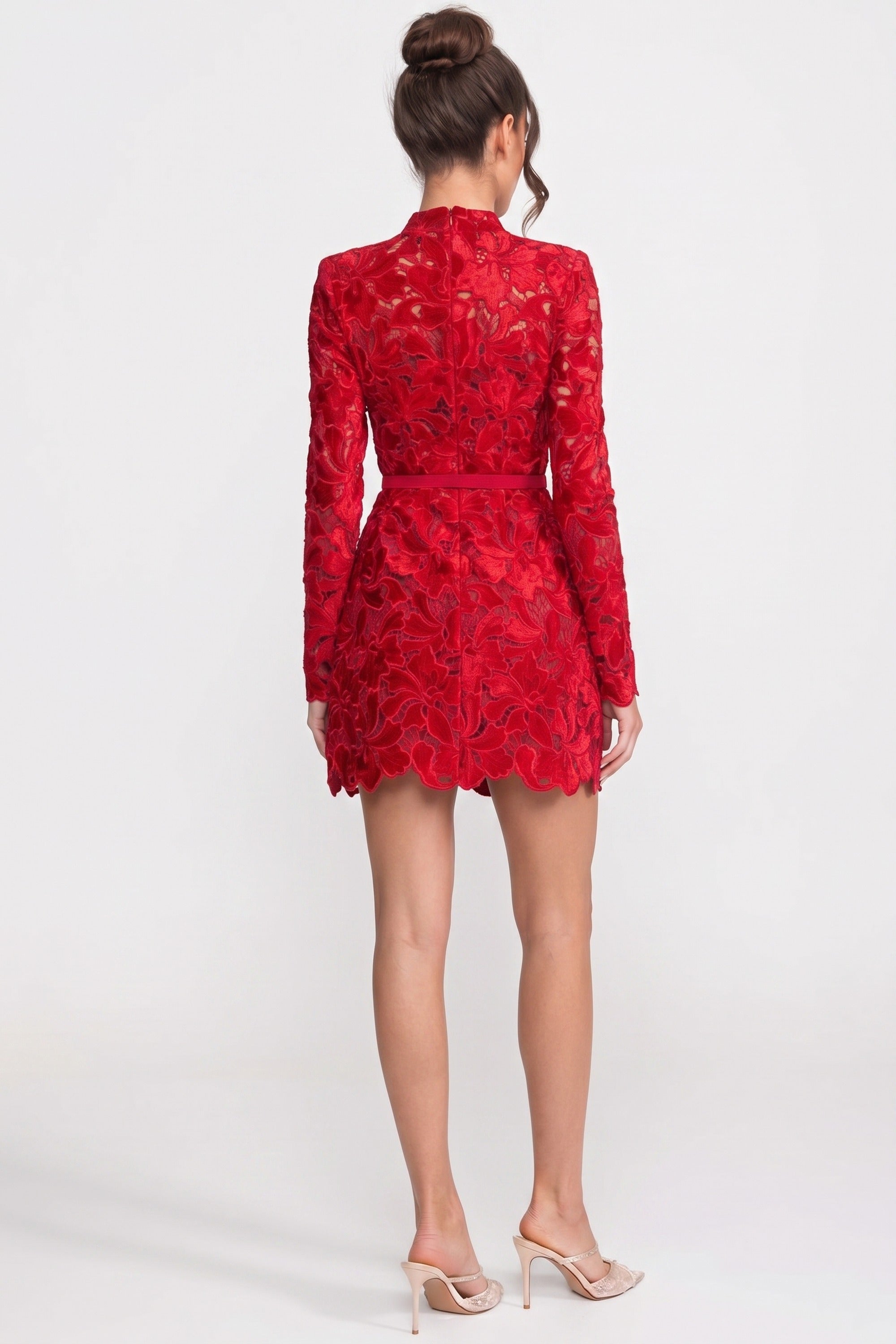 Long-Sleeve Lace Mini Dress With High Neck And Scalloped Hem - Red