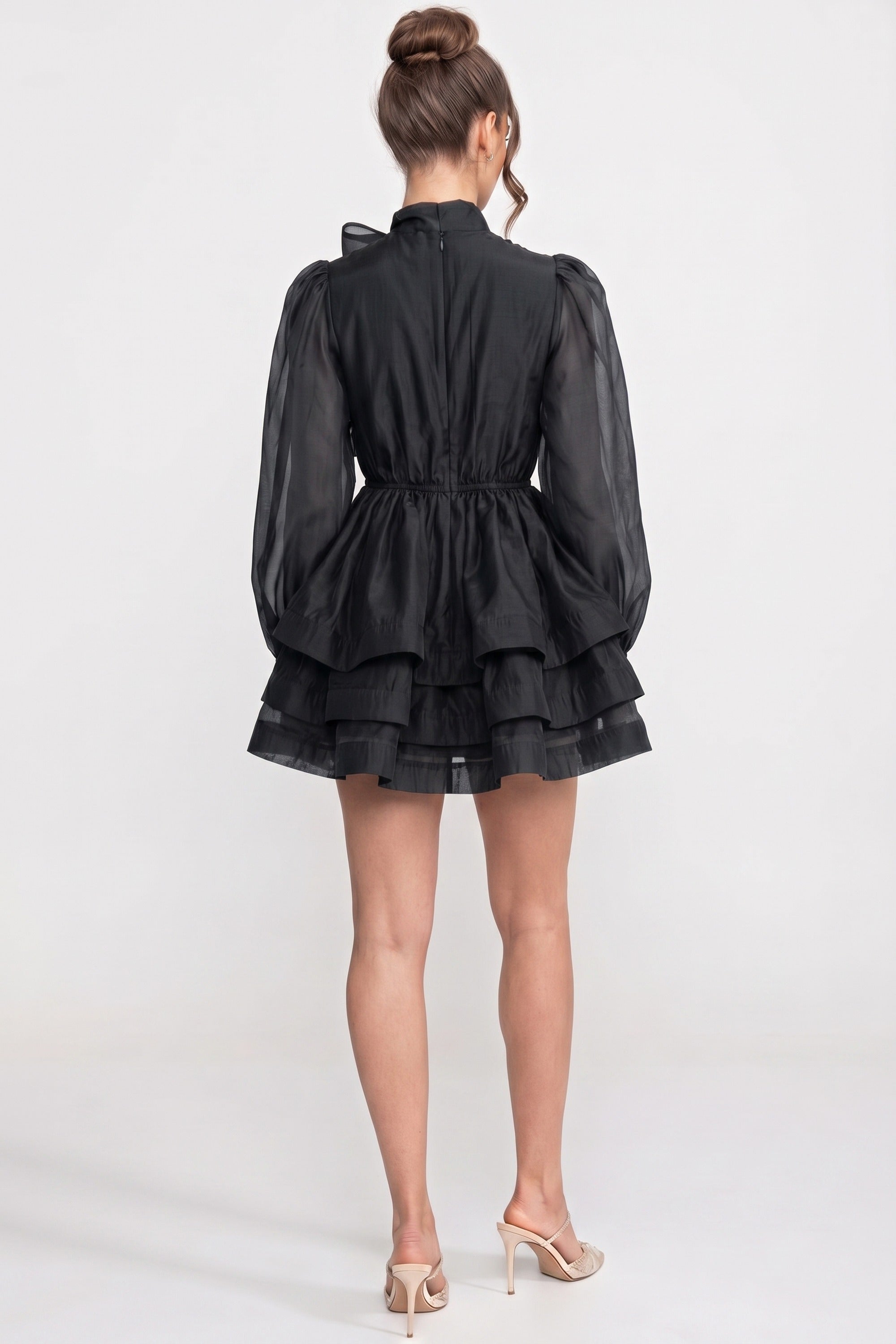 High-Neck Puff-Sleeve Mini Dress With Tiered Ruffle Skirt And Bow - Black