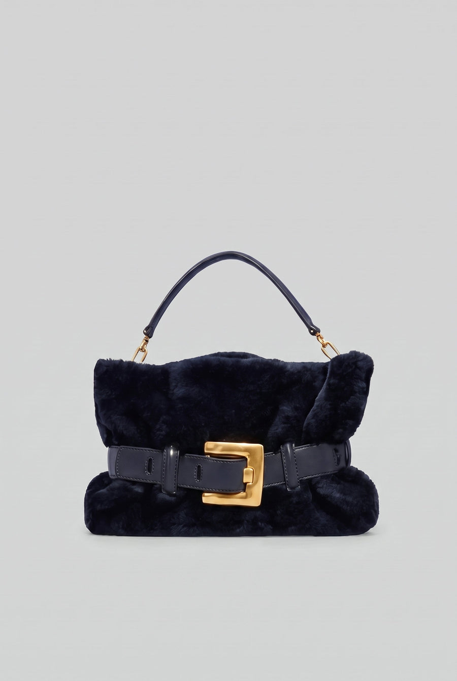 Faux Fur Handbag with Belt Buckle Detail – Dark Blue