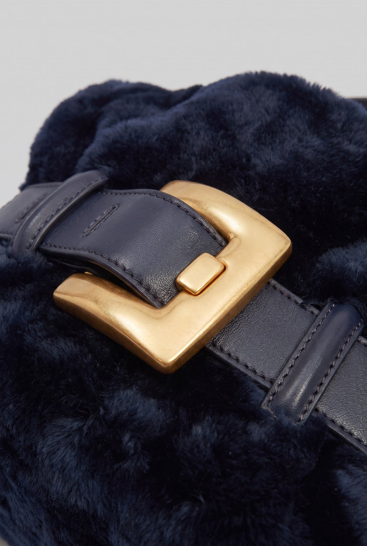 Faux Fur Handbag with Belt Buckle Detail – Dark Blue