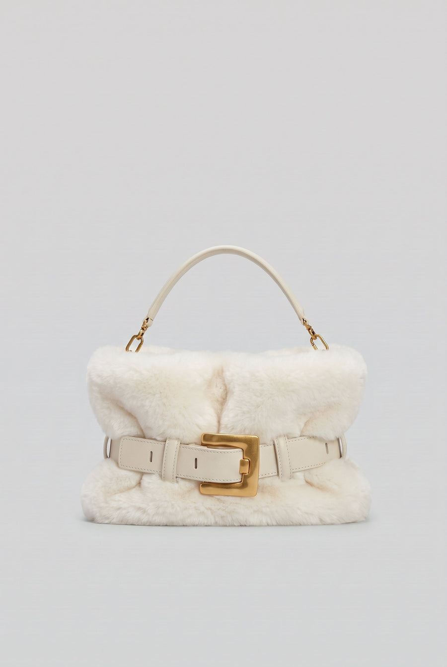 Faux Fur Handbag with Belt Buckle Detail – White