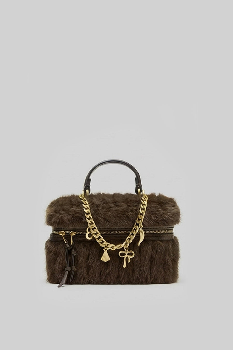 Faux Fur Top-Handle Bag with Decorative Chain – Brown