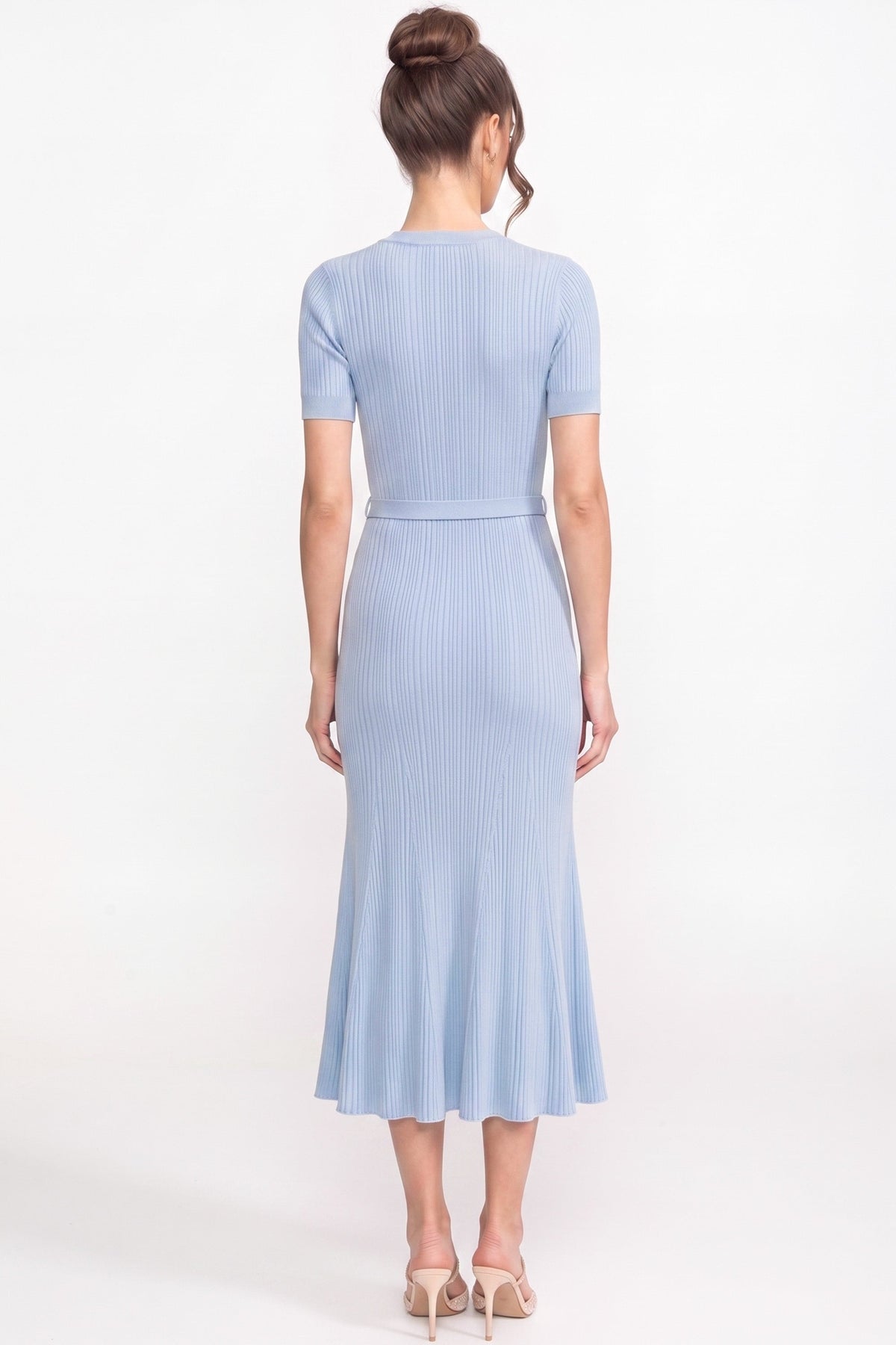 Ophelie Light Blue Ribbed Knit Midi Dress With White Collar And Pearl Belt