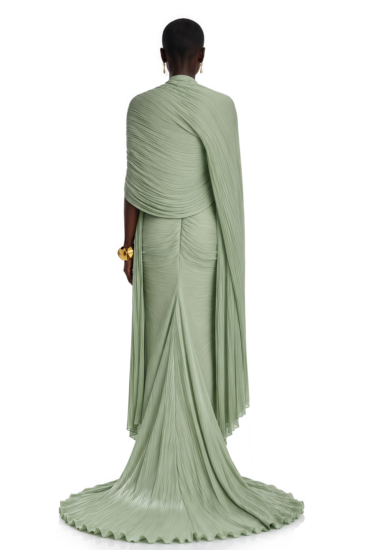 shifra green asymmetrical cape maxi dress