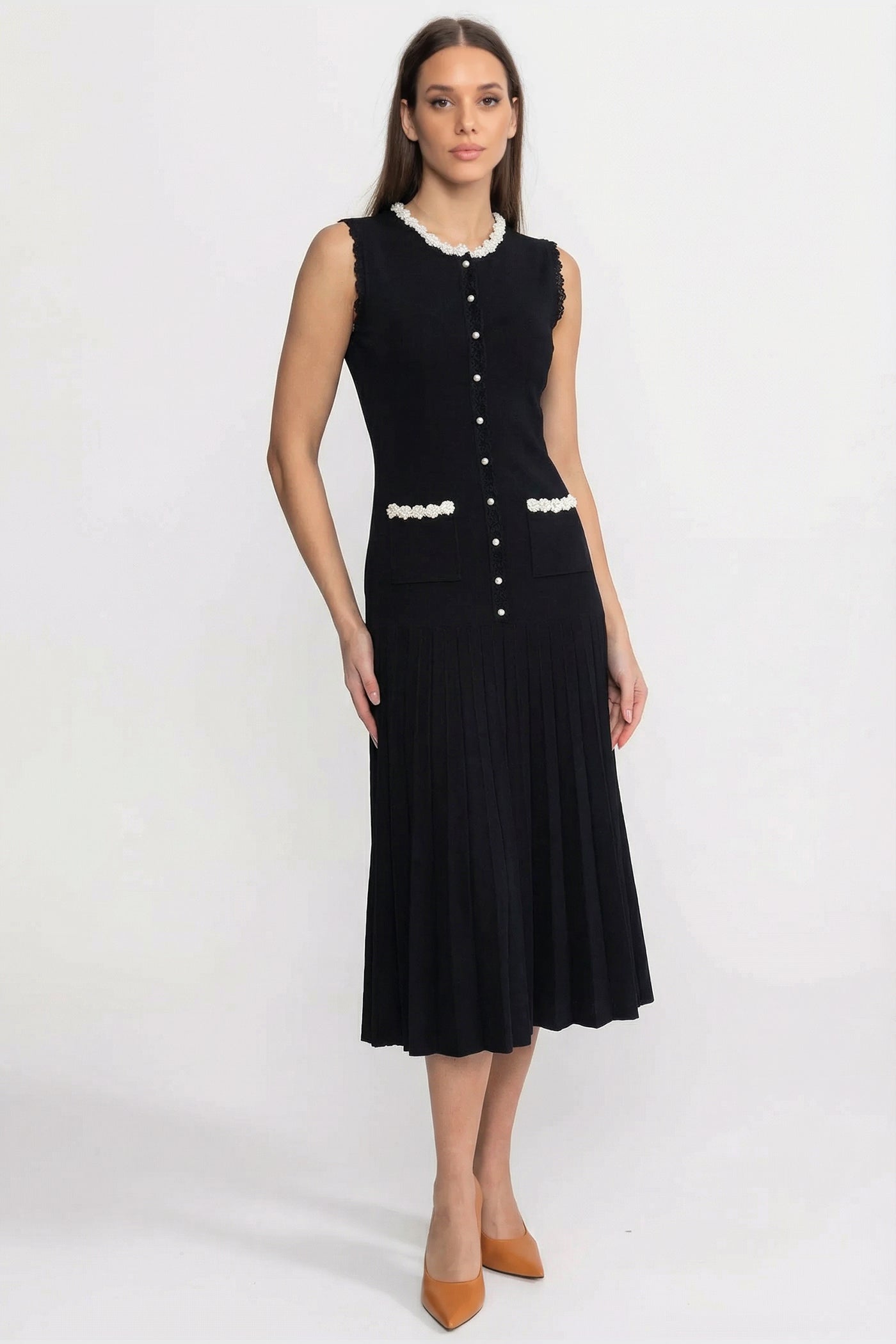 Sleeveless Midi Dress With Pearl Trim Details - Black
