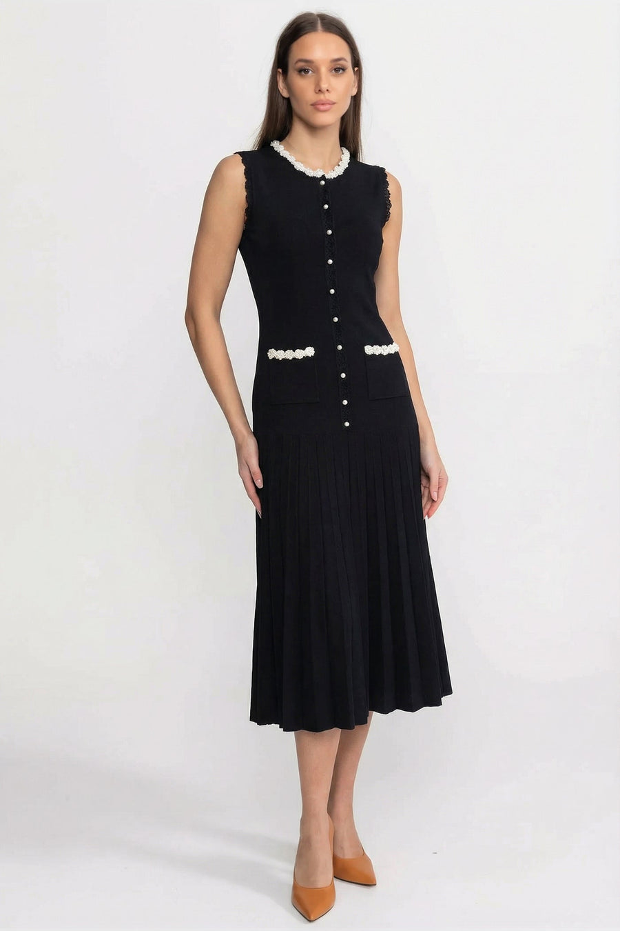 Sleeveless Midi Dress With Pearl Trim Details - Black
