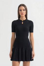 Rosalie Black Ribbed Knit Mini Dress With Gold Button Keyhole Neckline