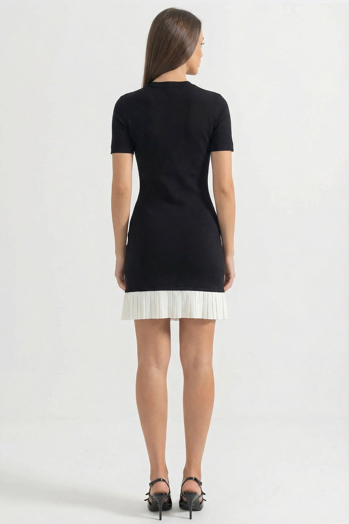 Short Sleeve Mini Dress With Contrast Pleated Hem - Black