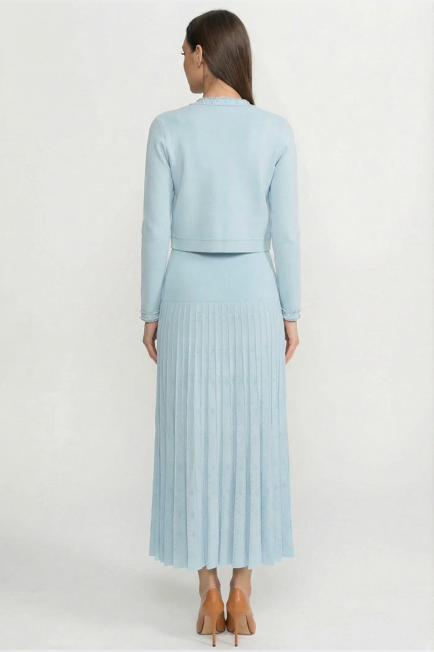 Knitted Cardigan With Pearl Buttons And Embellishments - Blue
