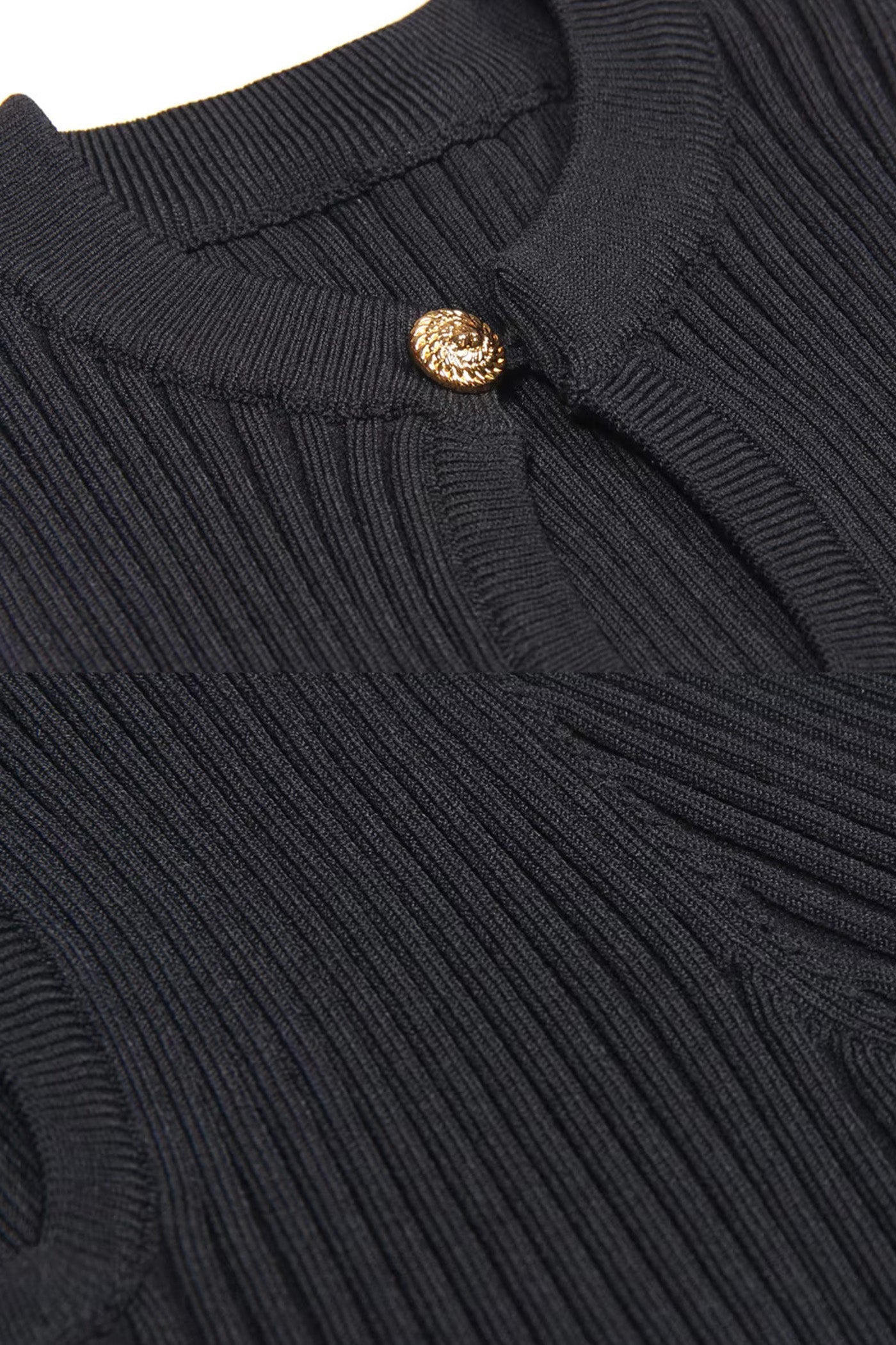 Ribbed Knit Mini Dress With Gold Button Keyhole Neckline - Black