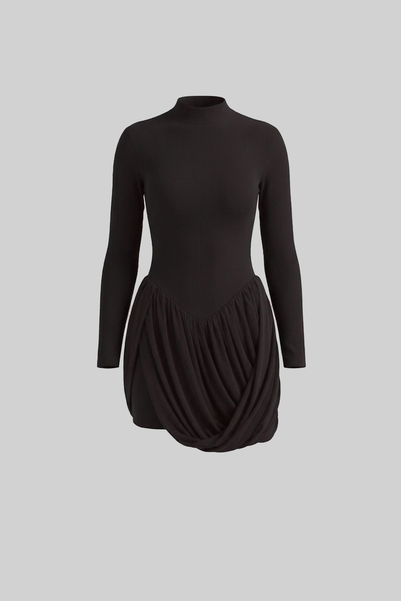 Long Sleeve Mini Dress With Draped Bubble Skirt - Black
