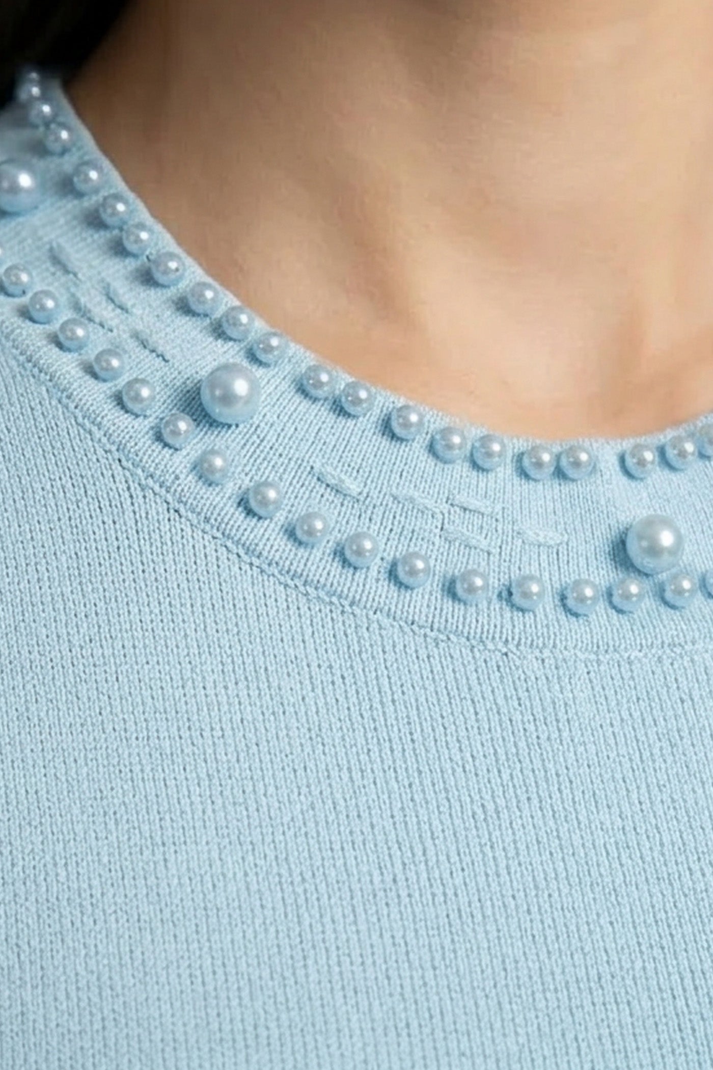 Knitted Cardigan With Pearl Buttons And Embellishments - Blue