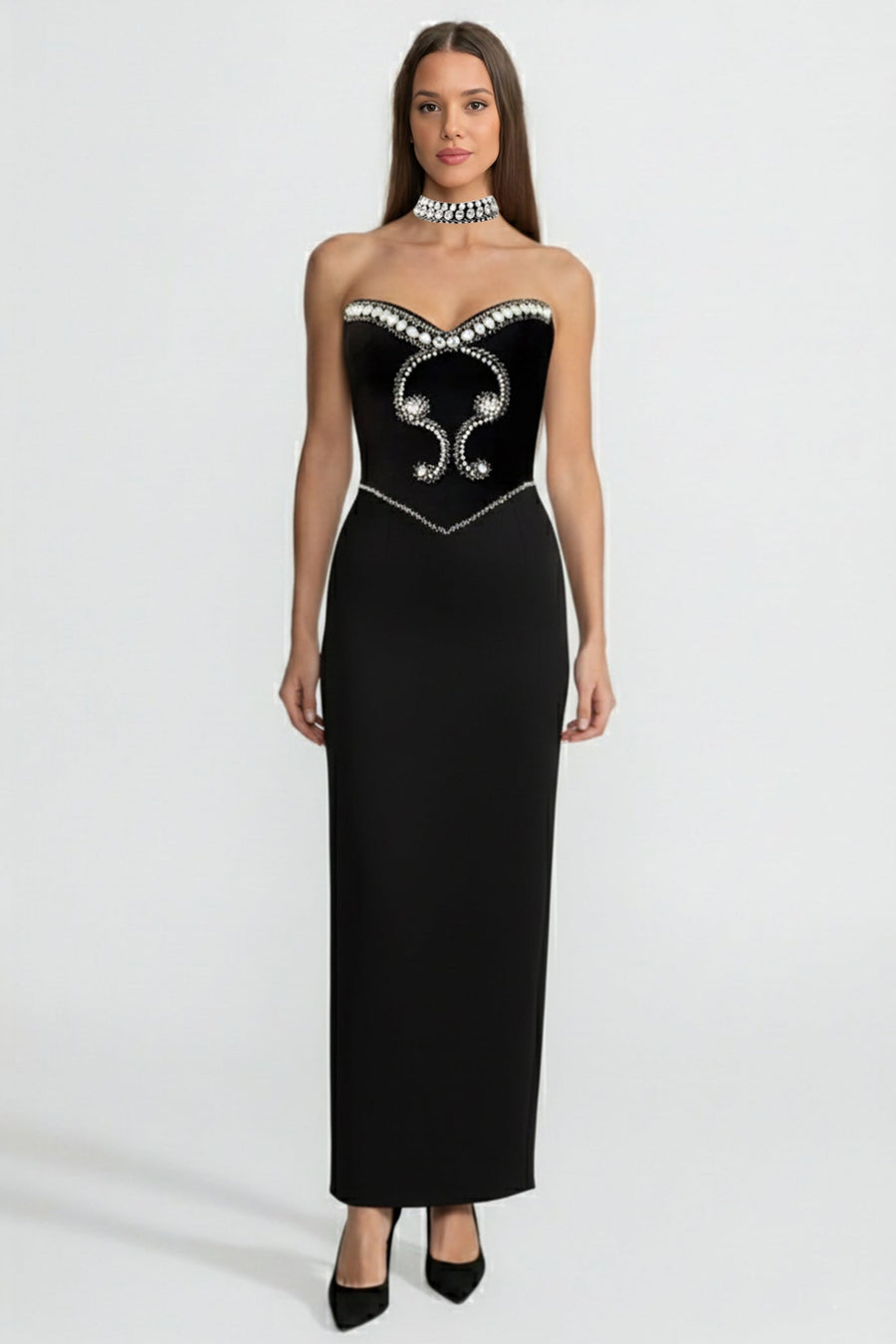 Crystal-Embellished Strapless Gown with Choker – Black