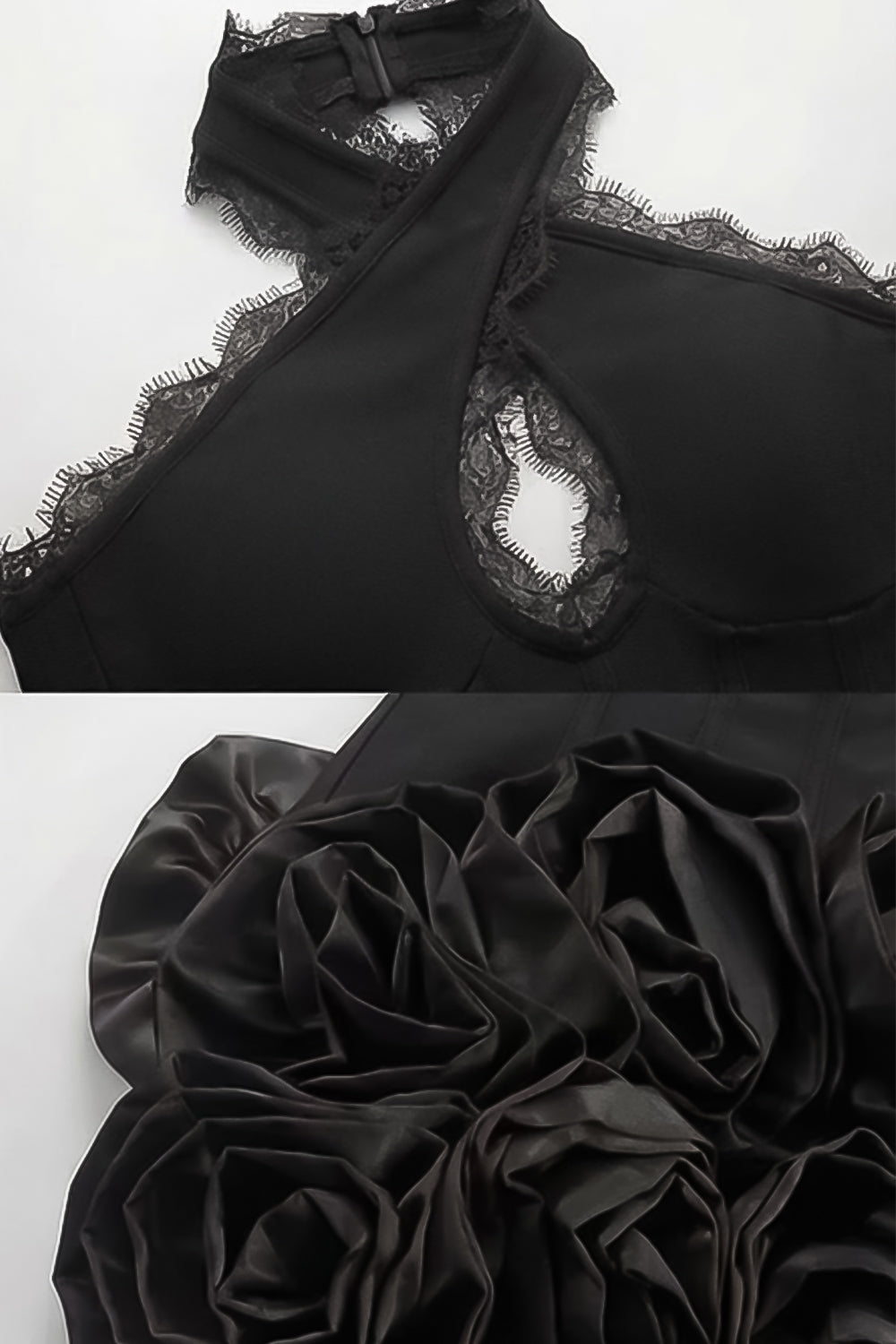 Halter Corset Mini Dress with 3D Rose Hem – Black