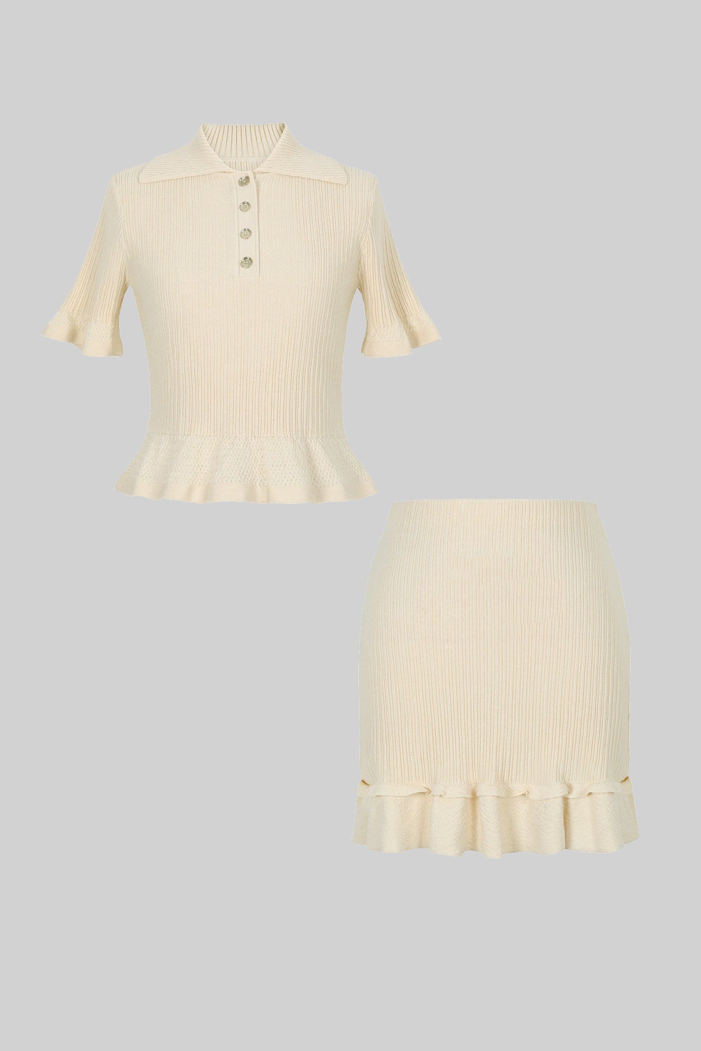 Ribbed Knit Polo Co-ord Set With Ruffled Hem - Beige