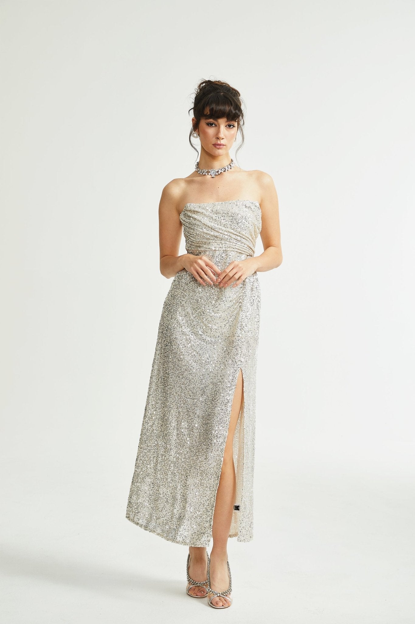 Beatrix silver off-shoulder dress