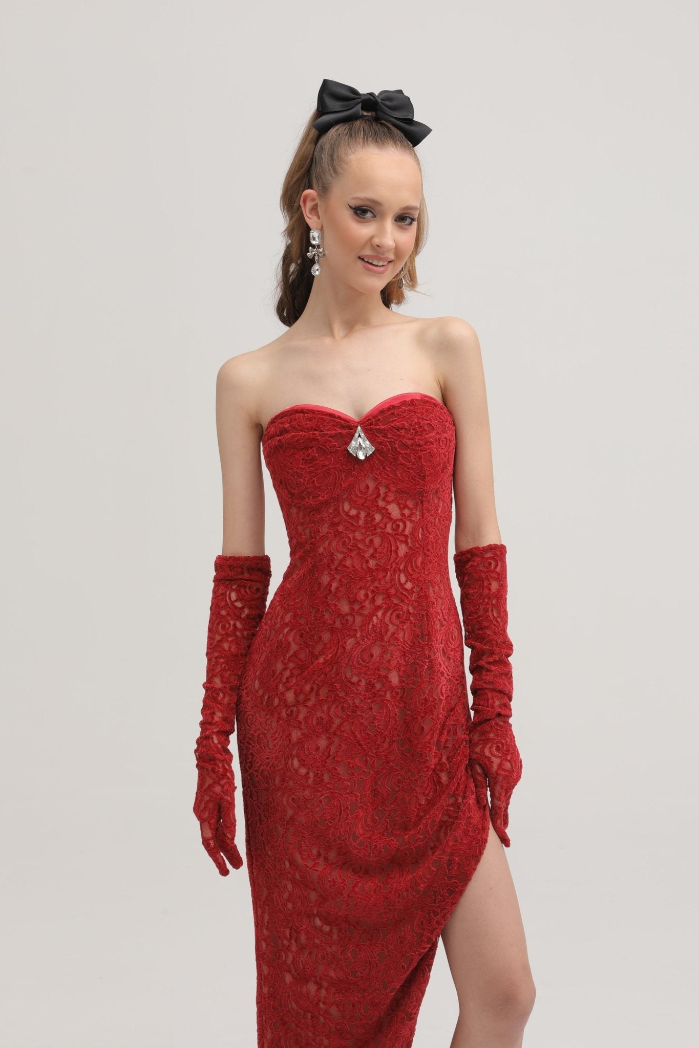 Belle red embellished midi dress (with gloves)