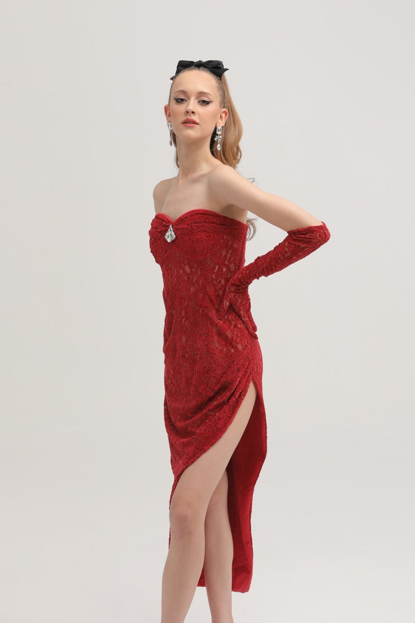 Belle red embellished midi dress (with gloves)