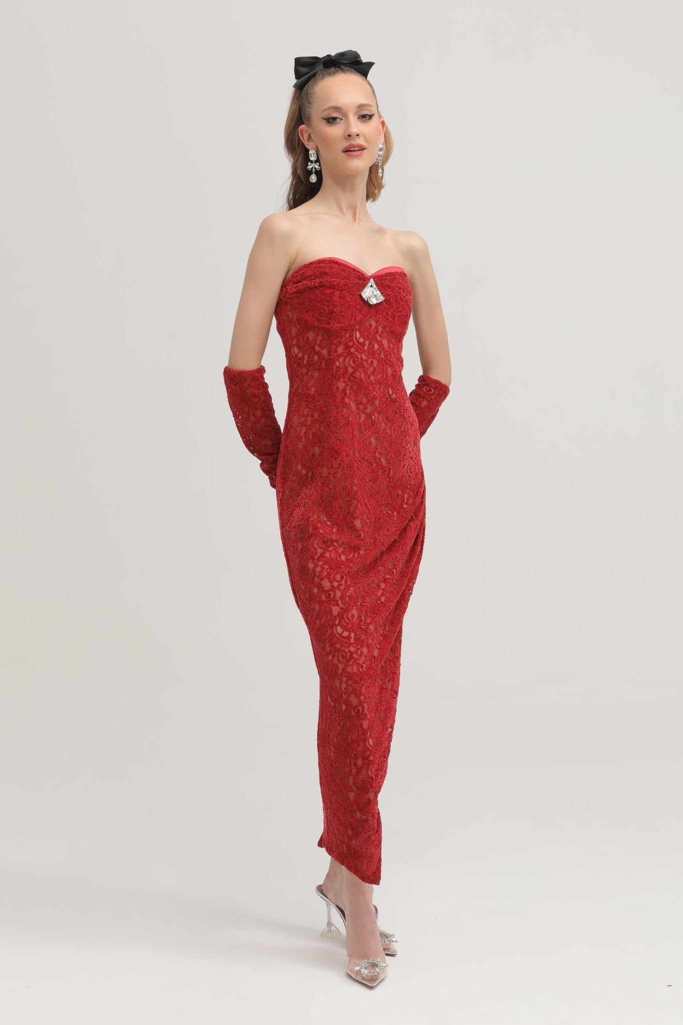 Belle red embellished midi dress (with gloves)
