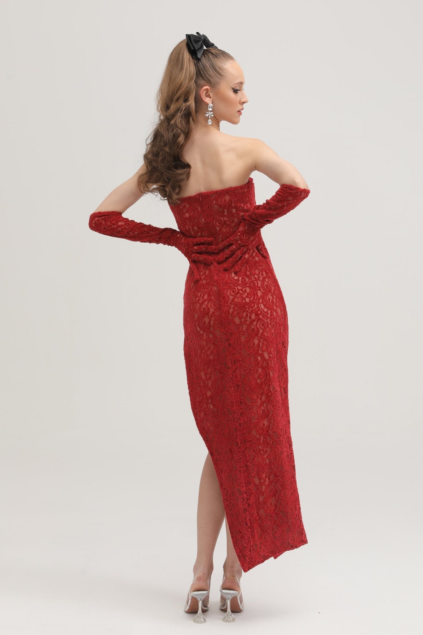 Belle red embellished midi dress (with gloves)
