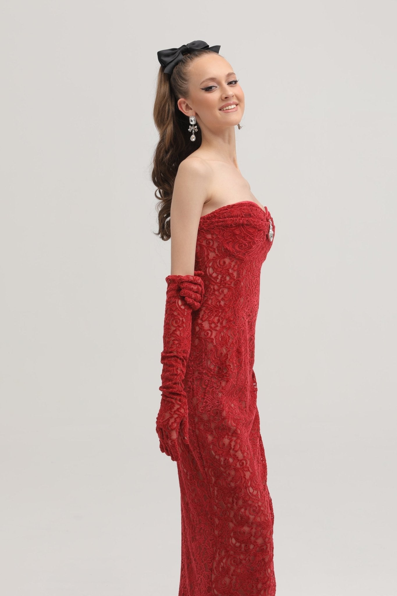 Belle red embellished midi dress (with gloves)
