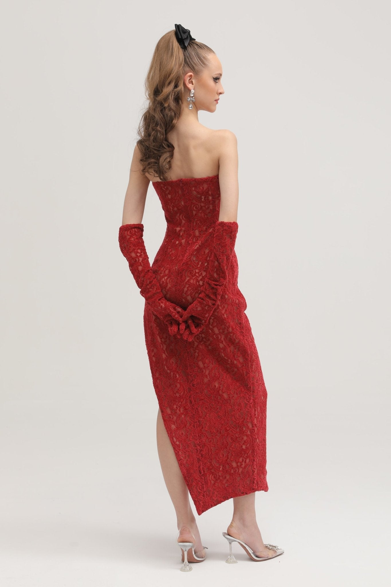 Belle red embellished midi dress (with gloves)