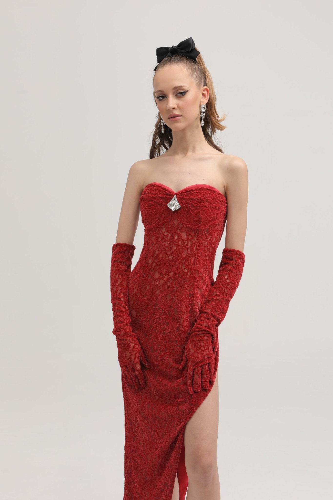 Belle red embellished midi dress (with gloves)