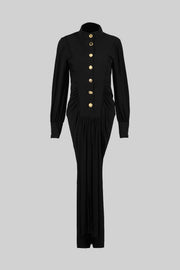 Velvet Maxi Dress with Gold Statement Buttons - Black