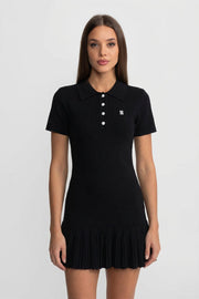 Short Sleeve Polo Mini Dress With Pleated Ruffle Hem - Black
