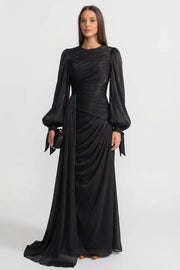 Draped Long-Sleeve Maxi Dress with Gathered Waist – Black