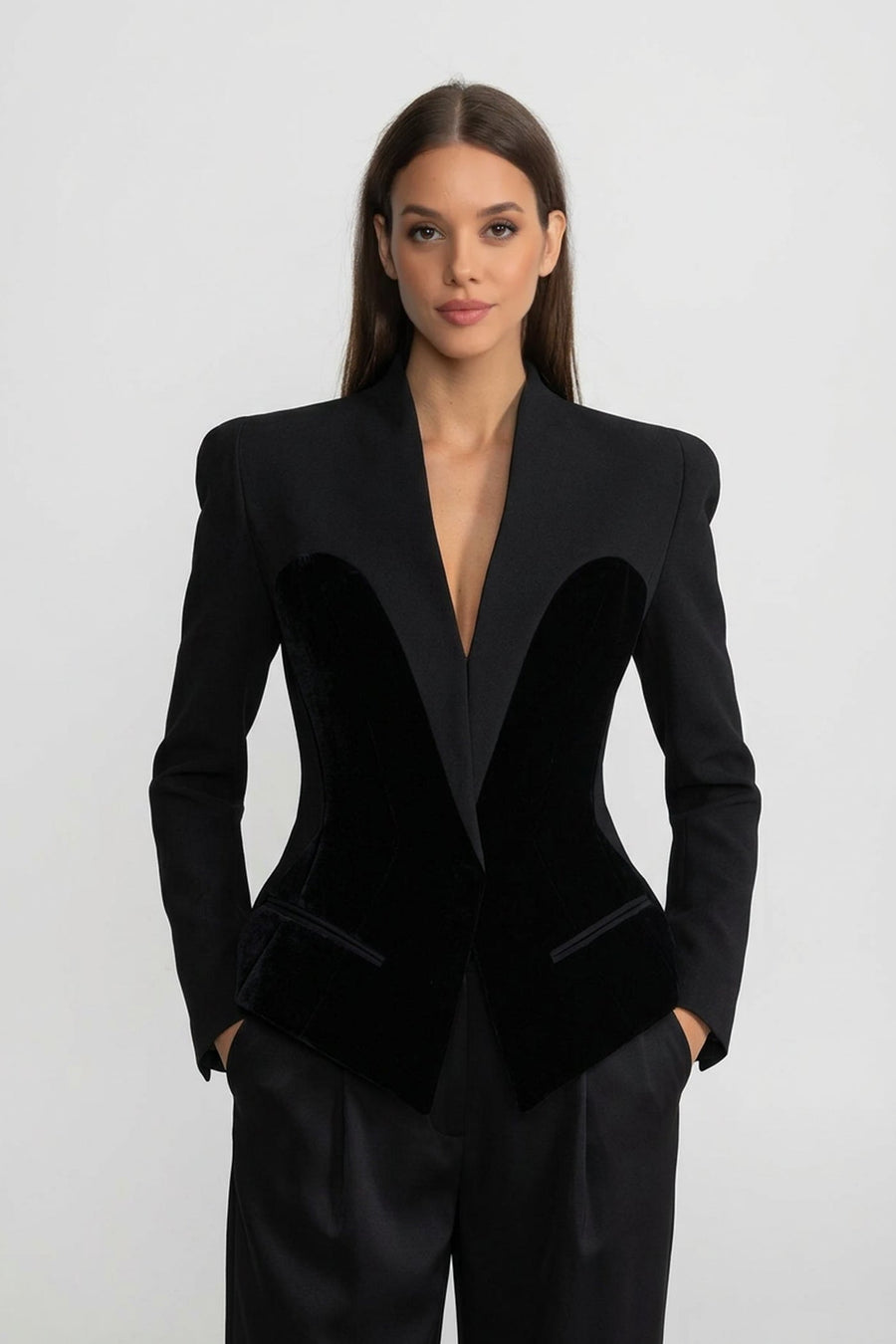 Tailored Long Sleeve Blazer With Velvet Corset-Style Panels - Black