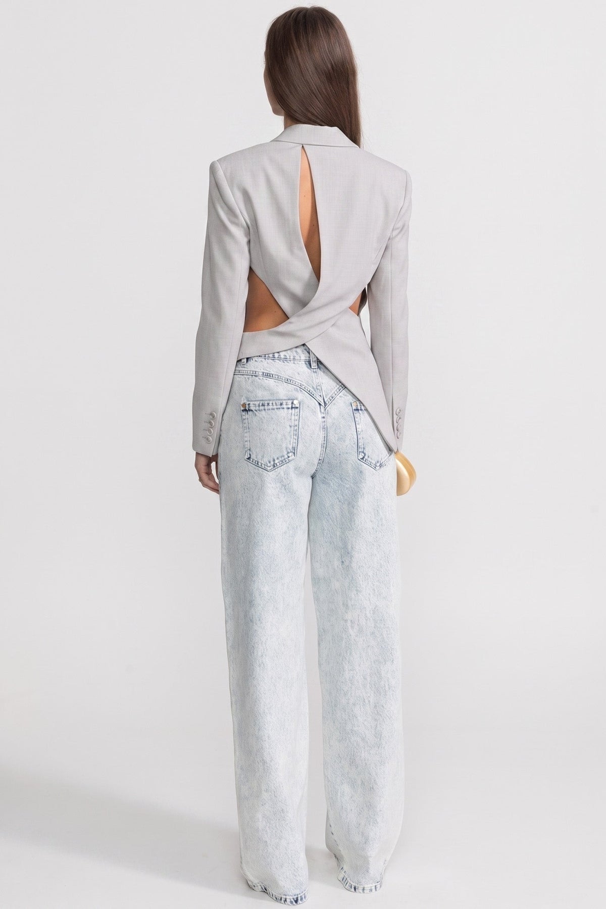 Asymmetric Cut-Out Blazer with Belt Detail - Light Gray