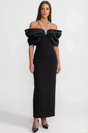 Embellished Bow-Neck Maxi Dress with Crystal Straps – Black