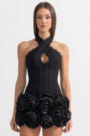 Halter Corset Mini Dress with 3D Rose Hem – Black