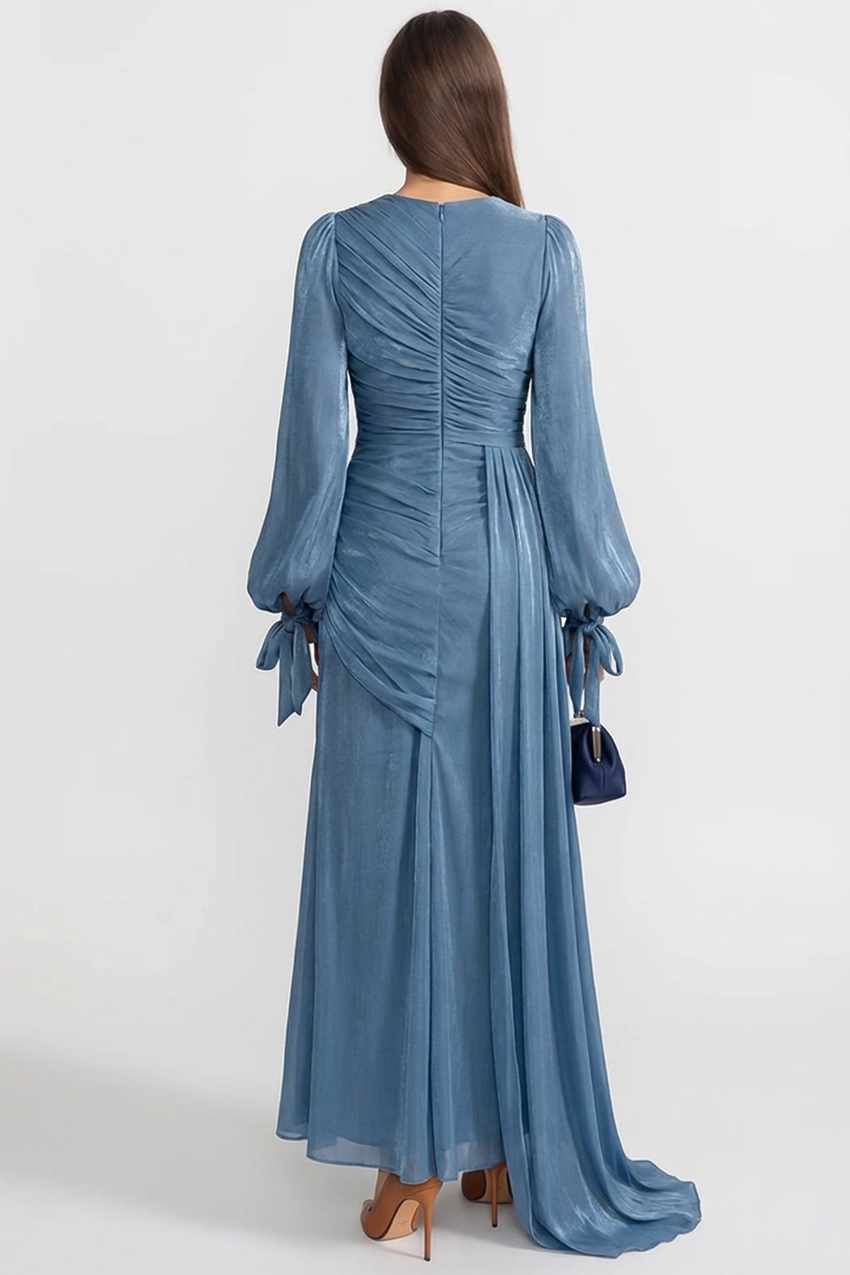 Draped Long-Sleeve Maxi Dress with Gathered Waist – Light Blue