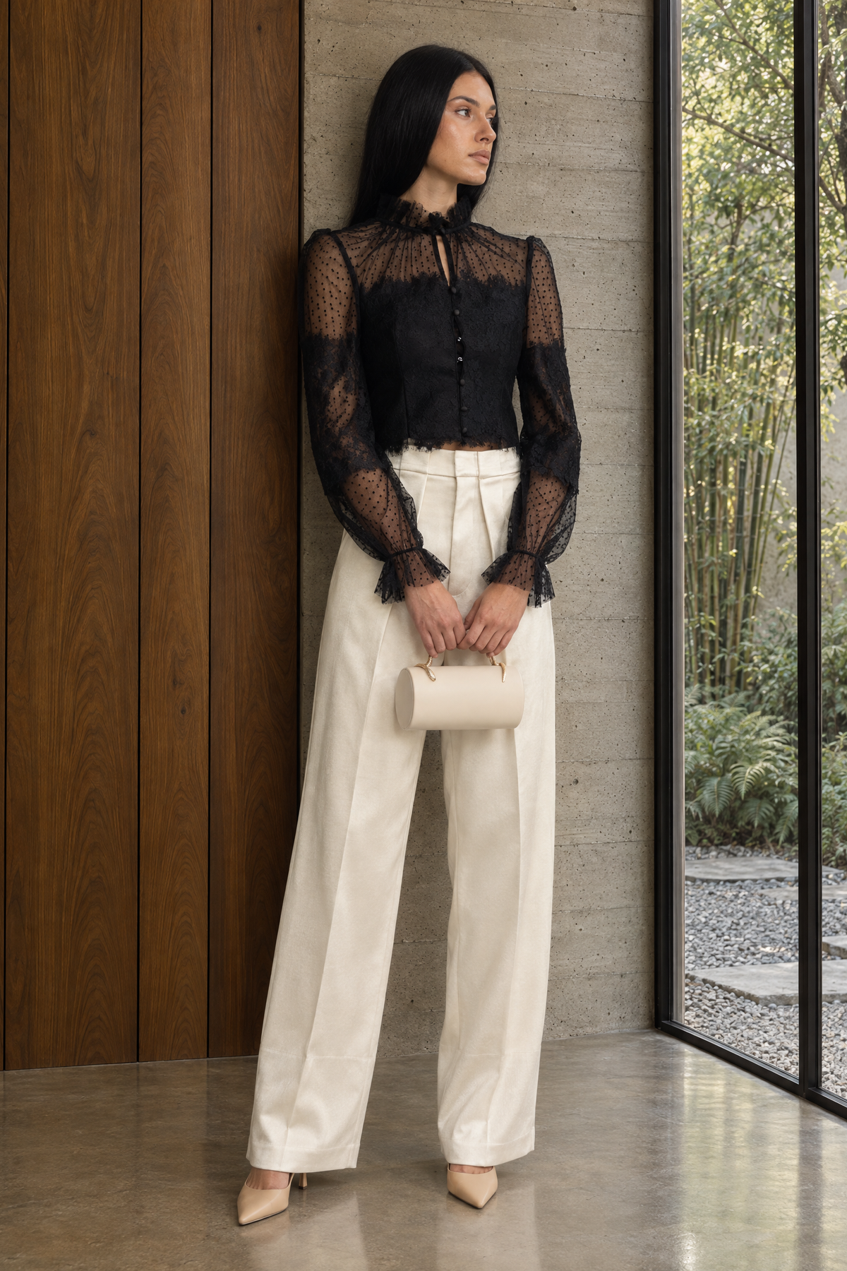 Lydie Black Ruffle Neck Lace and Dot Mesh Cropped Blouse