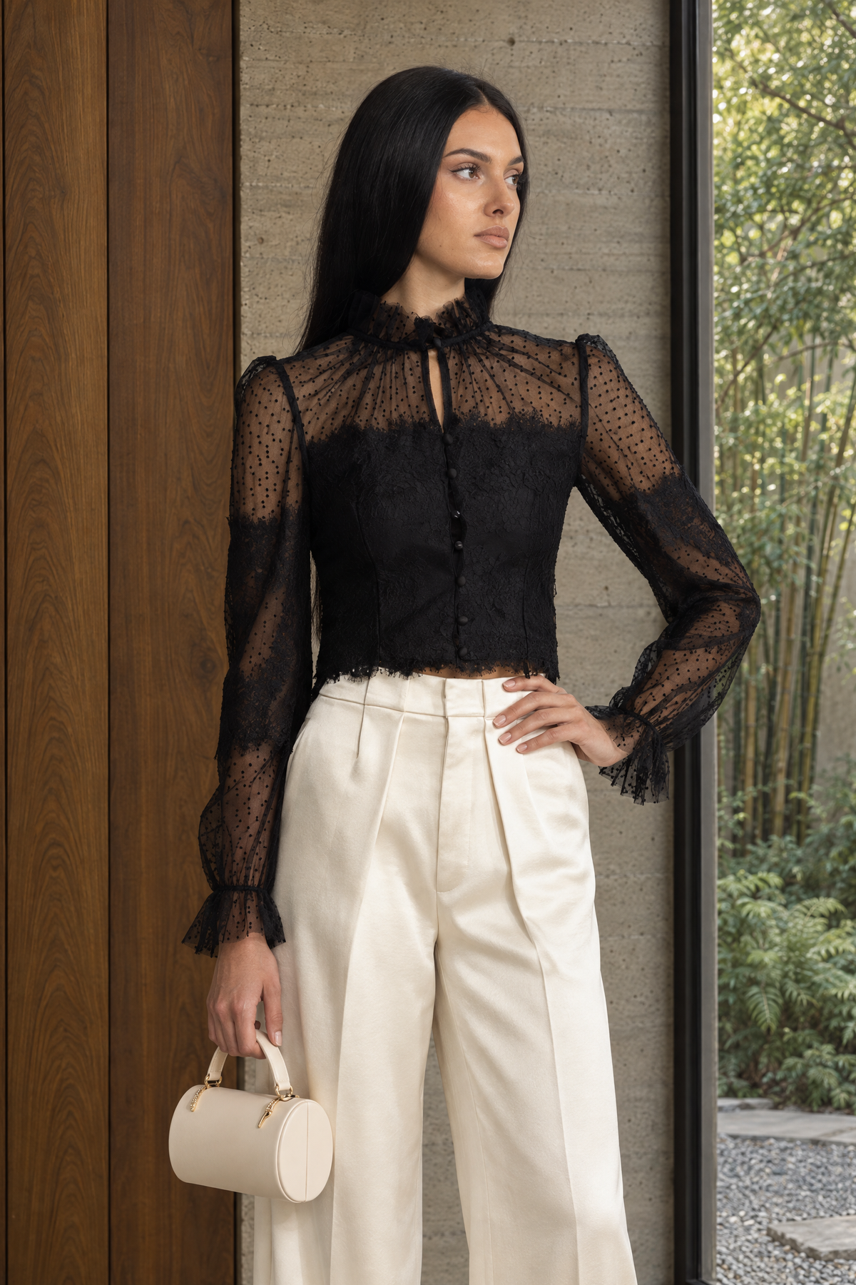 Lydie Black Ruffle Neck Lace and Dot Mesh Cropped Blouse