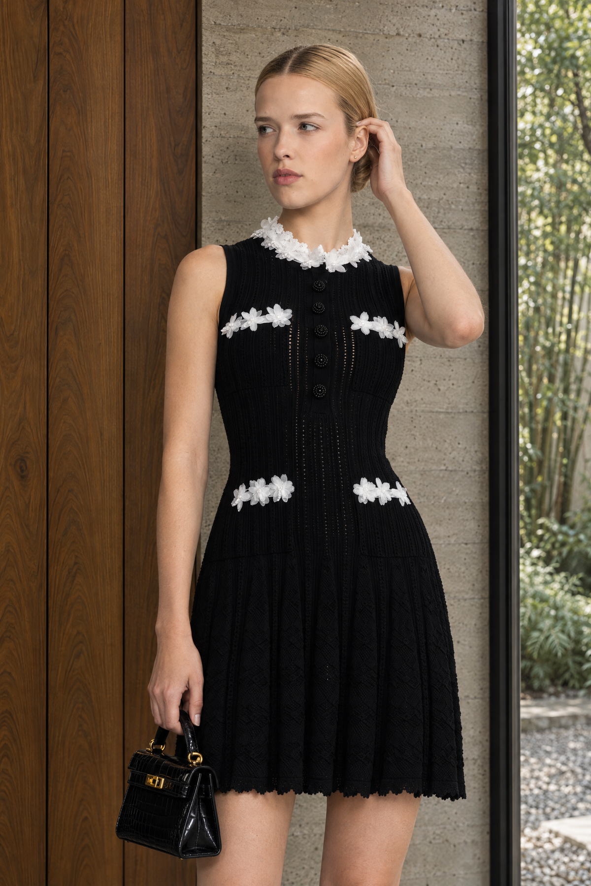 Flavie Black Organza Flower Trim Pointelle Knit Mini Dress