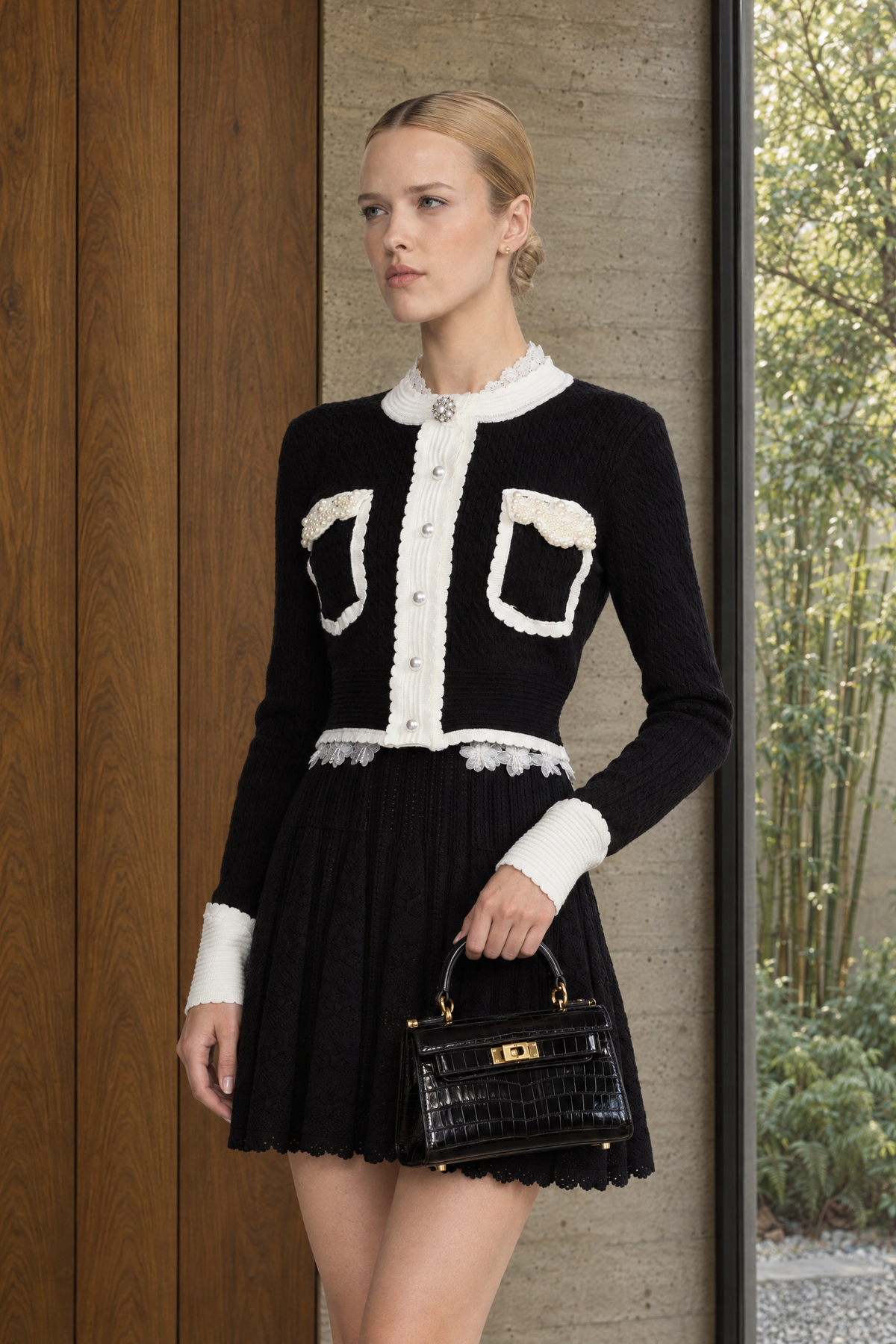 Nicolette Black Pearl Embellished Contrast Trim Cable Knit Cropped Cardigan