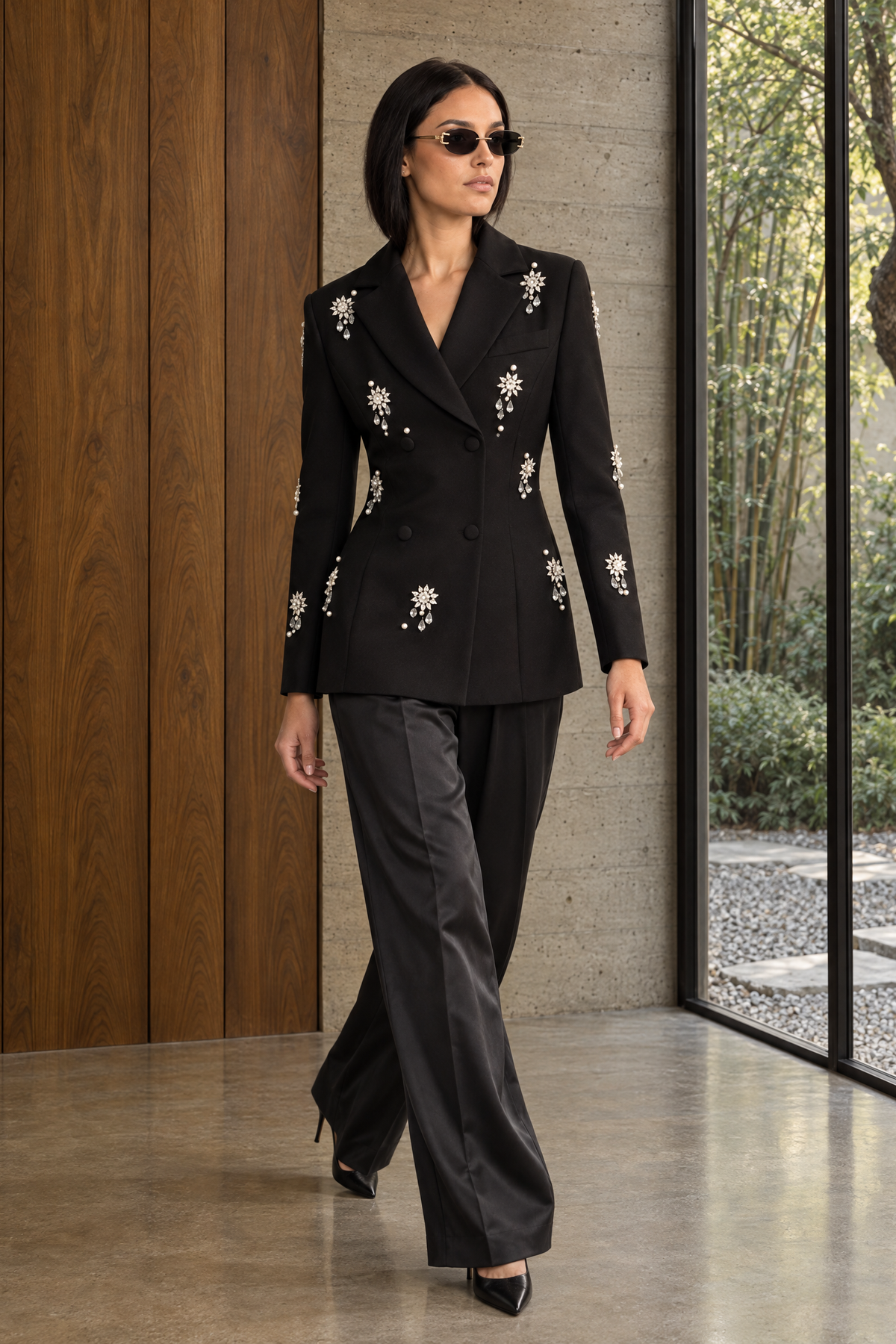 Lison Black Crystal Brooch Embellished Double-Breasted Blazer