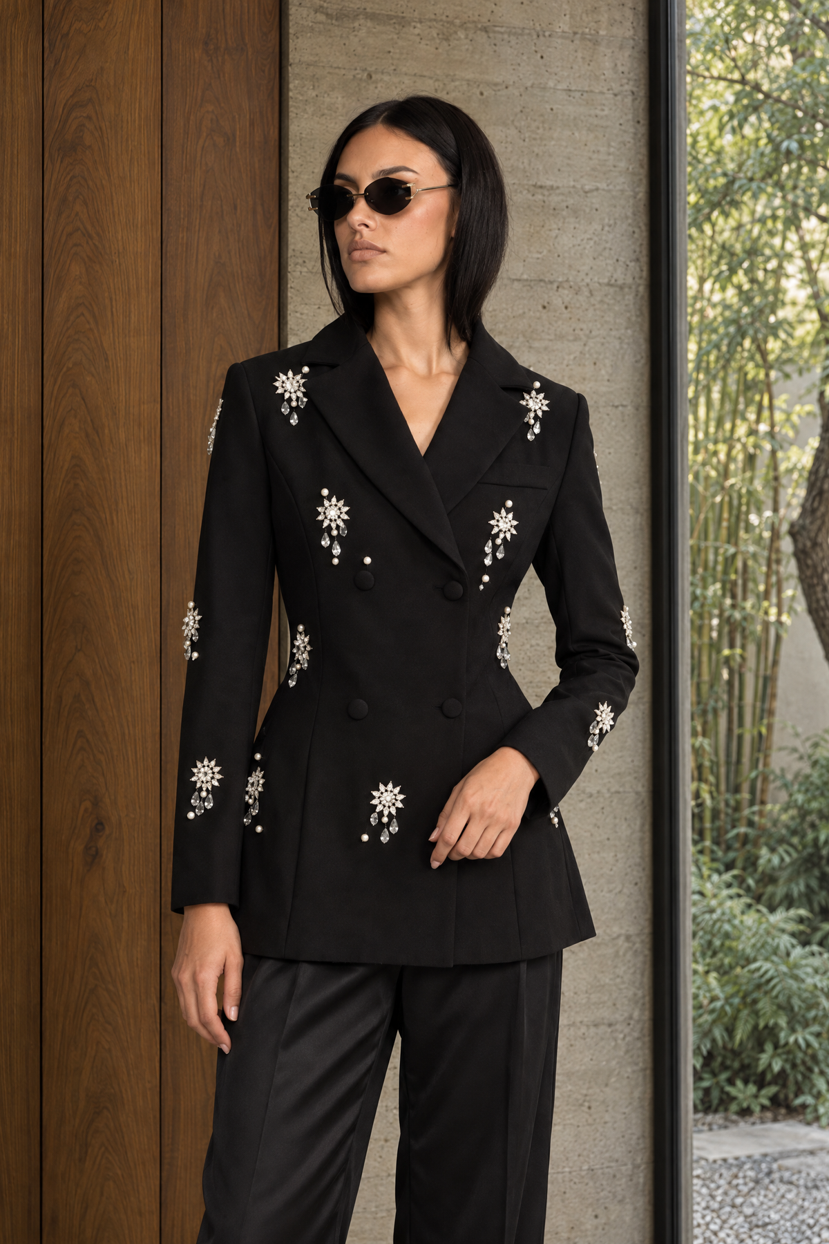 Lison Black Crystal Brooch Embellished Double-Breasted Blazer