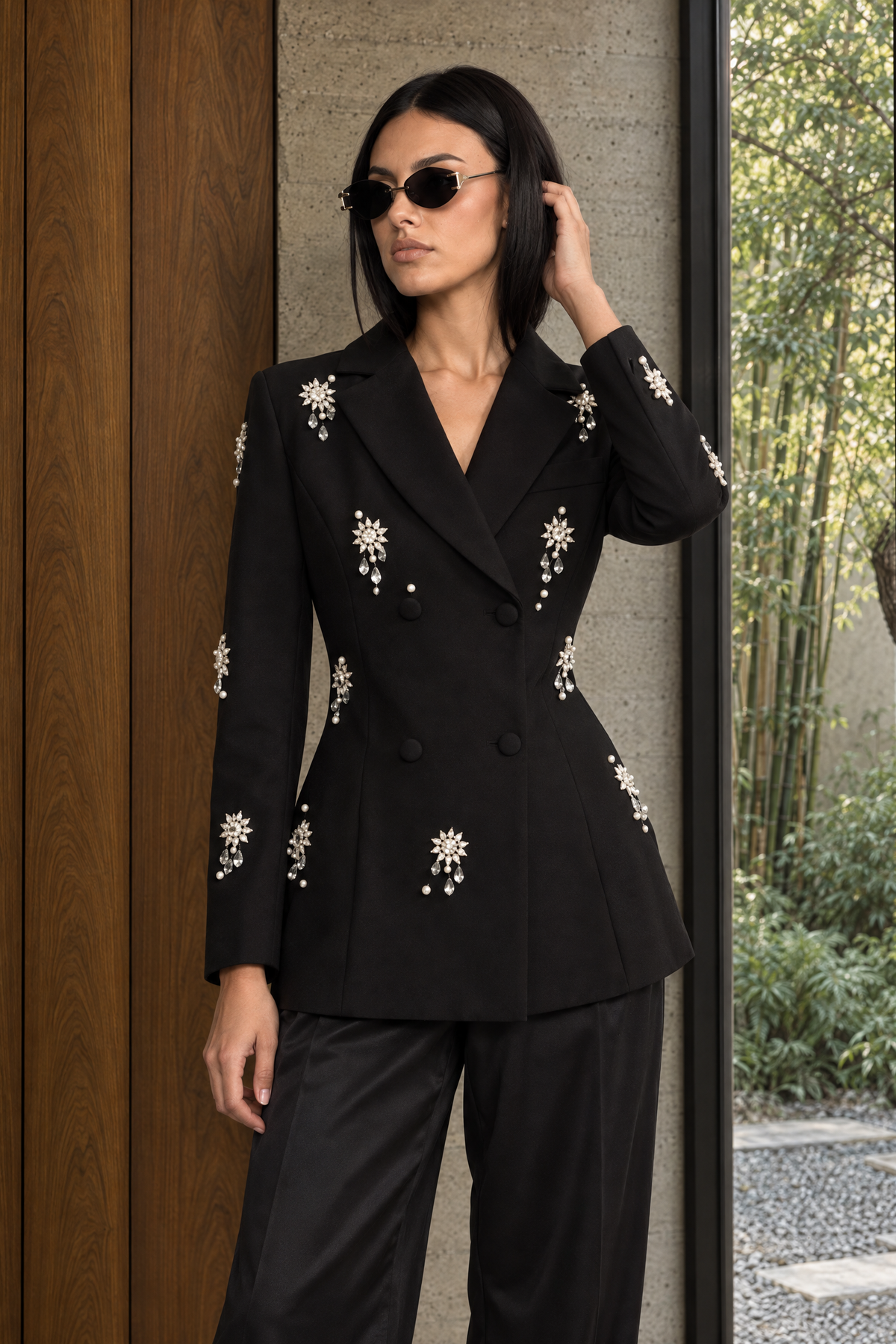 Lison Black Crystal Brooch Embellished Double-Breasted Blazer