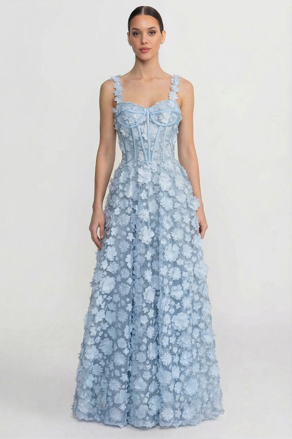 Floral Appliqu Maxi Dress With Corset Bodice - Blue Floral Appliqu Maxi Dress With Corset Bodice - Blue