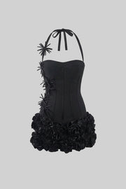 Corset Mini Dress with Sculpted Floral Hem – Black