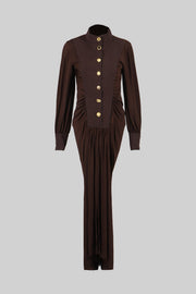 Velvet Maxi Dress with Gold Statement Buttons - Brown