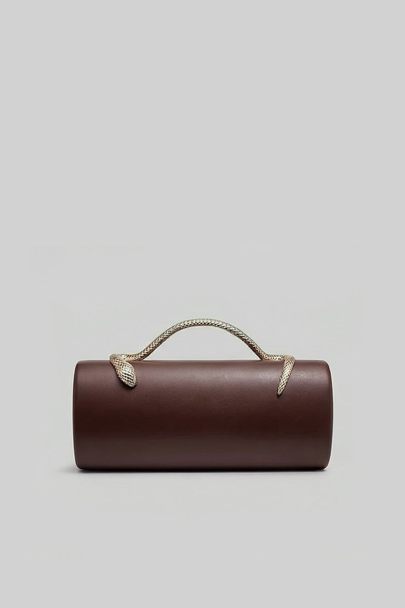 Structured Clutch Bag with Snake Handle And Gold Chain – Brown