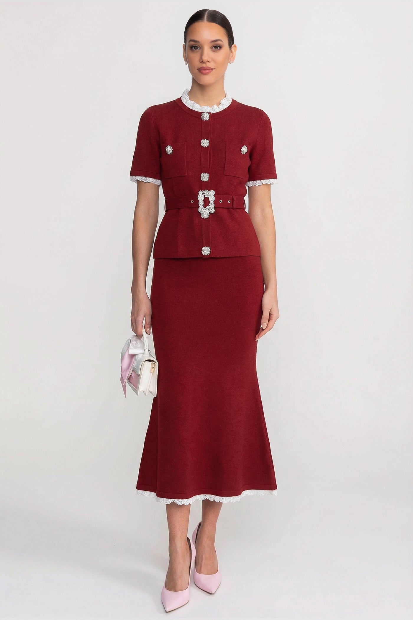 Short Sleeve Co-Ord With Peplum Waist And Crystal Button Belt - Burgundy