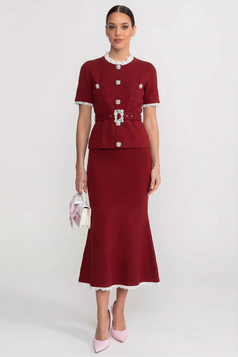 Veronique Burgundy Short Sleeve Co-Ord With Peplum Waist And Crystal Button Belt